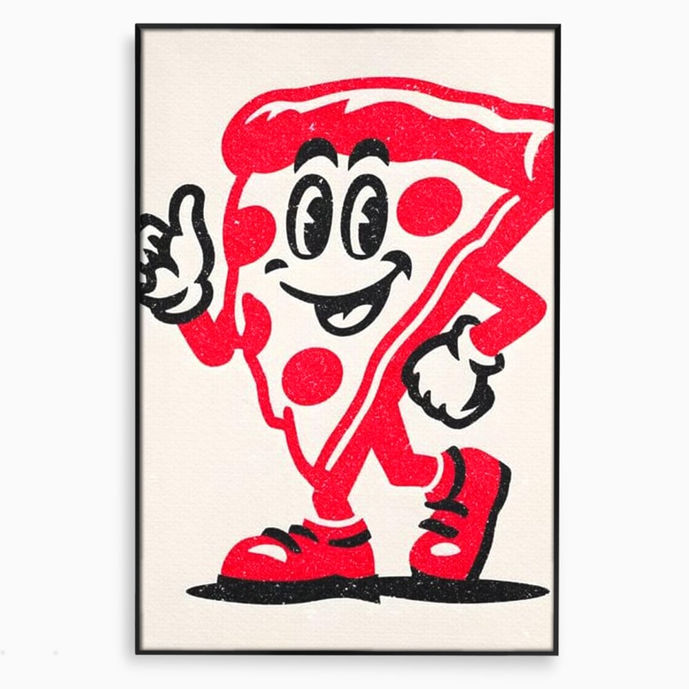 Tablou canvas cu ilustratie retro cu felie de pizza, in rama de aluminiu negru